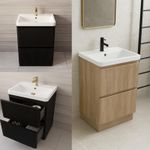 600mm Fluted Ribbed Floor Standing Vanity Unit Basin Sink Black or Oak 2 Drawer