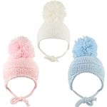 Baby Hat Large Pom Pom Beanie Bobble Chin Tie Knitted 0-3, 3-6, 6-12, 12-18