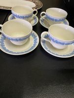 Vtg Wedgwood Cup Saucer Set Etruria and Barlaston Embossed Queensware Blue White