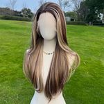 Lace Front Straight Layered Long Wig Light Brown Dark Gold Blonde Highlights 26”