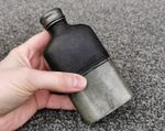 Antique Pocket Hip Flask 100ml Blown Glass Black Leather Screw Cap Removable Cup