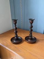 Pair of Antique Vintage Oak Barley Twist Wooden Candlesticks Candle Holders