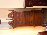 Vintage carved wood tall chest of drawers, 8 drawer, brown, metal pulls
