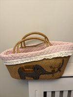 Vintage Woven Straw Raffia Elephant Appliqué Dolls Doll Carry Basket Carrier