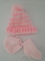 Newborn Baby Girl Pink Stripy Hat and Pink Booties Set  Knitted 0-1 months