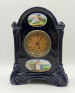 WORKING 1920s Limoges Cobalt Blue Porcelain Wind Up Mantel Clock w/ Key 7"