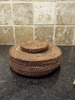 Round Wicker Rattan Covered Basket Bowl Boho Coastal Primitive Decor Storage