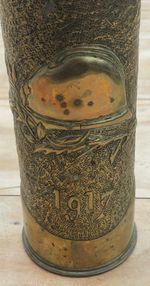 WW1 Trench Art Vase French Shell  1917 Helmet Decoration 1917 Swags & Bows 75mm
