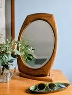 Vintage Teak Freestanding Vanity Mirror. MCM Frame & Victorian Sorcerers Mirror