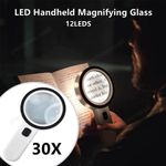 30X Extra Large Magnifying Glass With 12 LED Light Handheld Reading Magnifier