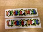 Valentino Rossi style text - "THE ORGAN DONOR"  x2 stickers / decals - 5in x 1in
