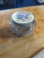 English Glass Powder Vanity Jar Featuring Decorative Lid Cut Glass
