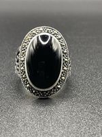 Vintage Sterling Silver Onyx And Marcasites Ring. Size P