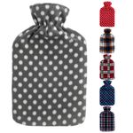 Hot Water Bottle With Cover Fleece 2L Check Polka Designs Warm Natural Rubber
