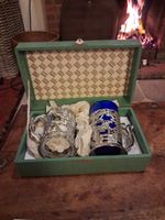 Two oriental vintage blue glasses with dragon glass holders