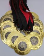 10 x Man of the Match Medals with Red & Black Ribbons, Gold Football Medal