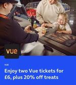 2 VUE cinema tickets for £9 plus 20% off treats
