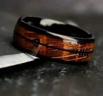 Mens Wood Inlay Ring Arrow Design  Black Stainless Steel 8mm Size  Xmas Gift