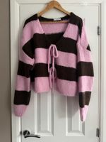 Reserved Pink & Brown Striped Knit Tie-Front V-Neck Cardigan M