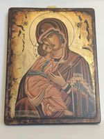 Antique, Hand painted authodox church Icon, Madonna and baby jesus Plaque. 