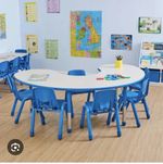 Children’s Kidney Shaped Classroom Table White/Blue Edge 66x35in H17
