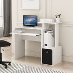 Furinno ECON White Computer Desk Keyboard Tray Shelves Storage Bin Home Office