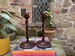 Wood Twisted Candlestick Holder Candle Sticks Pair Nice Vintage Antique Patina