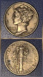 United States One Dime "Mercury " 1944 Silver (.900) Coin. S Mint mark. Ex con