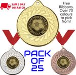Pack of 25 x Man of the Match Medals & Any Colour Ribbons Gold Football 50mm