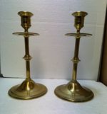 Antique Arts And Crafts Brass Candlesticks Drip Trays 