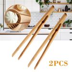 2PCS Bamboo Wood Wooden Food Toast Tongs Toaster Bread Sugar Ice Tea Tong Salad