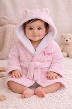 Embroidered  Personalised Soft Baby Dressing Gown Bath Robe EARS Pink circle