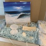 Coastal Gift Hamper With Original Sea-wave Canvas And Handmade Pearl Earrings