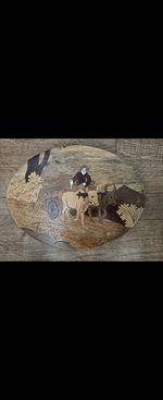 Vintage Wooden Marquetry Inlay Oval Plaque Farming Scene