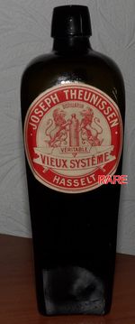 ANTIQUE  DARK OLIVE GLASS CASE GIN BOTTLE RARE JOSEPH  THEUNISSEN  HASSELT LABEL