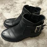 Women’s Black Leather Biker Ankle Boots Buckle Zip Round Toe Low Flat Heel