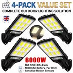 4PCS 6000W LED Solar PIR Motion Sensor Wall Light Security Garden Lamp W/Remote
