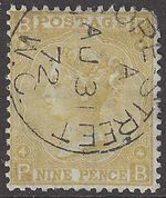 SG 110 9d straw. Very fine used CDS example with Aug 31st 1872. Few short...