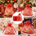 10pcs Christmas Red Organza Gift Bags with Golden Snowflake Drawstring