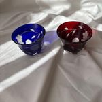 Edo Kiriko Pair Guinomi Sake Cups Red Blue Glass Craft Unused