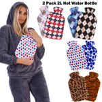 2 x Hot Water Bottle 2L with Soft Fleece Covers - Dot Heart Check Designs