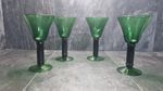 Set of 4 Vintage Hand-Blown Emerald Green Wine Goblets Rustic Artisan Glasses