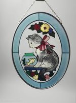 Joan Baker Design Cat & Oval Fish Bowl Faux Stained Glass Suncatcher 18cm X 14