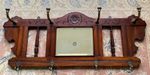 Antique Mahogany Wall Hanging Coat Hat Rack With Brass Hooks And Central Mirror