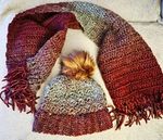 Child Hand Crocheted 2-Piece Hat & Scarf , Faux Fur Pom Pom For 5 Year Old