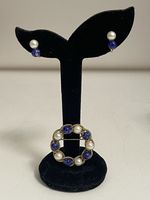 Vintage Gold Filled Brooch and Earrings with Pearl and Blue Stone Beads