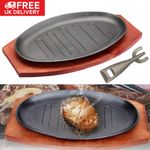 Large Cast Iron Steak Sizzling Serving Platter Plate Dish Wooden Base Tableware