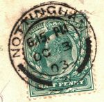 GB KEVII HALFPENNY VARIETY *Major Right Frame Break* Nottingham Card 1903 V67
