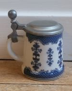 BAYERN GERMAN MINIATURE STEIN - BLUE AND WHITE PORCELAIN WITH TINN PEWTER LID
