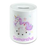 Personalised Watercolour Unicorn Girls Money Box Piggy Bank Savings Jar Kids